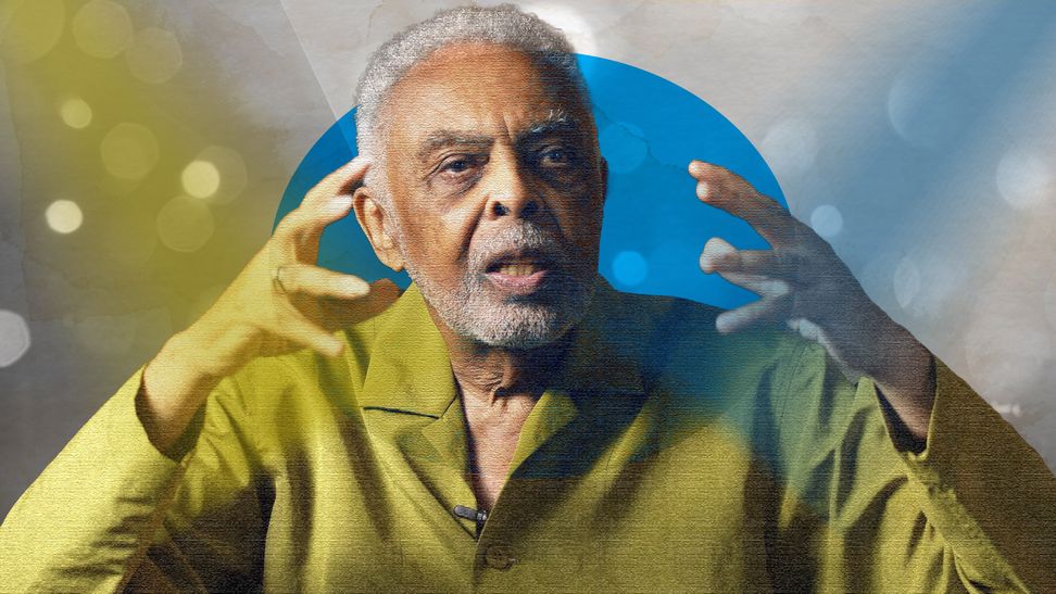 Arte sobre foto de Gilberto Gil em entrevista ao PlatôBR em abril de 2025. no Rio de Janeiro